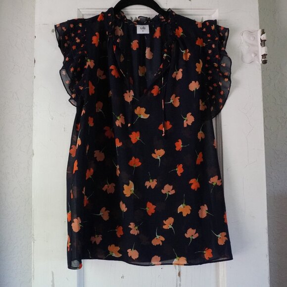 Cabi floral navy ruffle blouse sleeveless - Picture 2 of 8